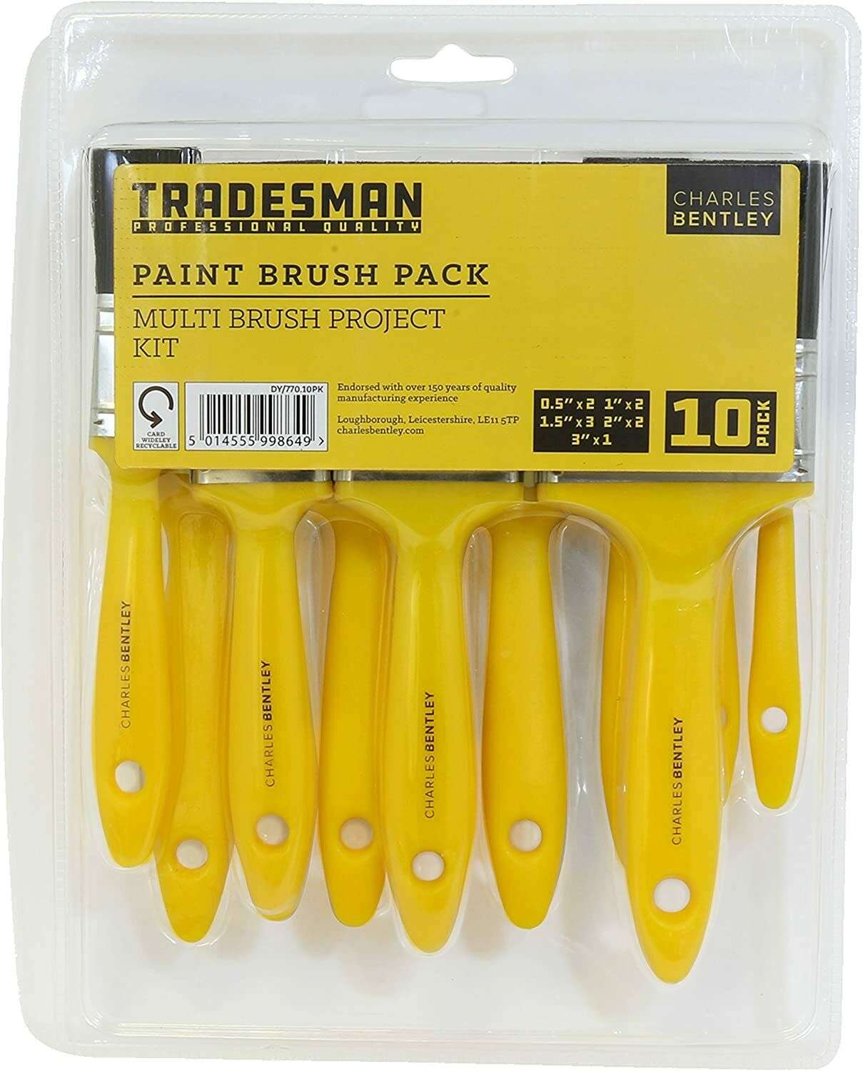 10 Piece Brush Pack Yellow PP Handle 1 Charles Bentley Paint Brushes, 10 Piece Pack, Yellow