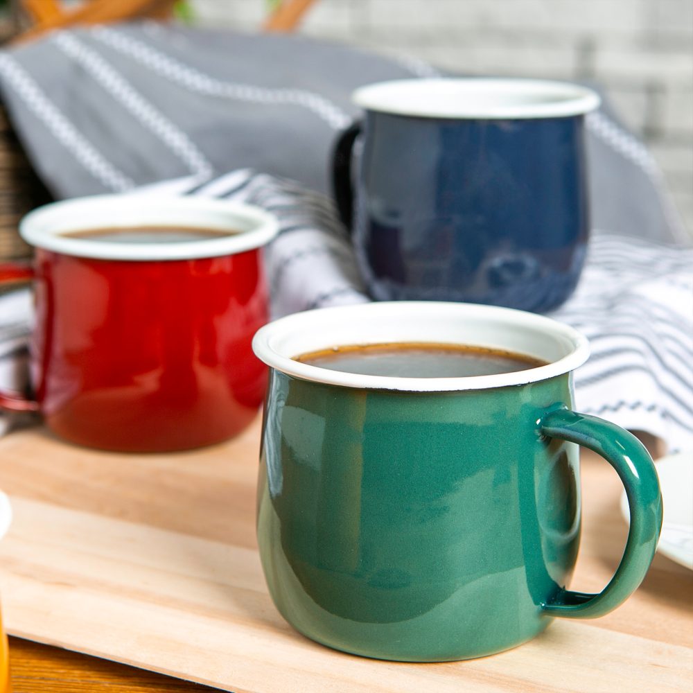 Enamel Belly Mug 375ml, Green with White Rim