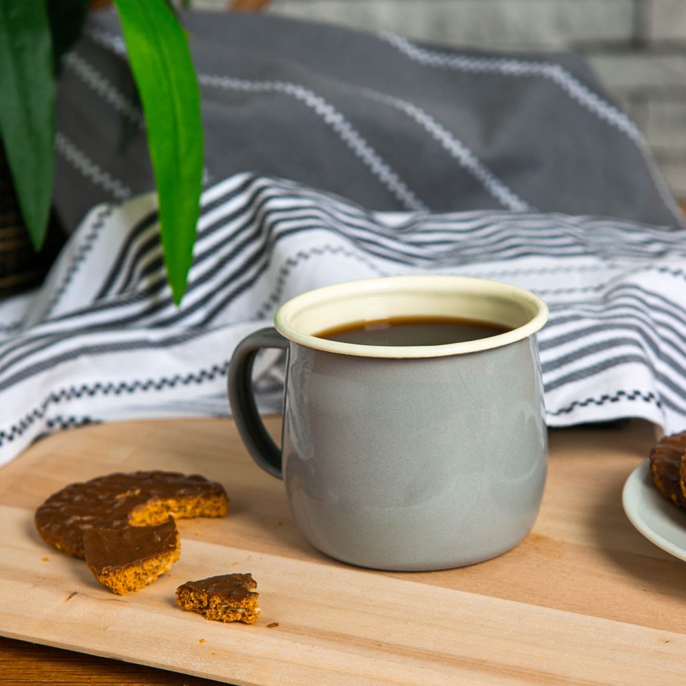 Enamel Belly Mug 375ml, Grey with Cream Rim