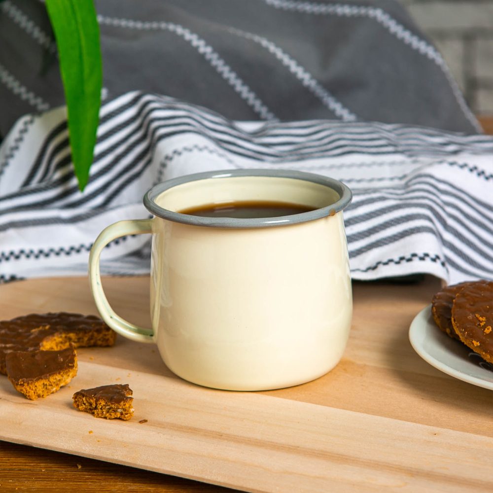 Enamel Belly Mug 375ml, Cream with Grey Rim