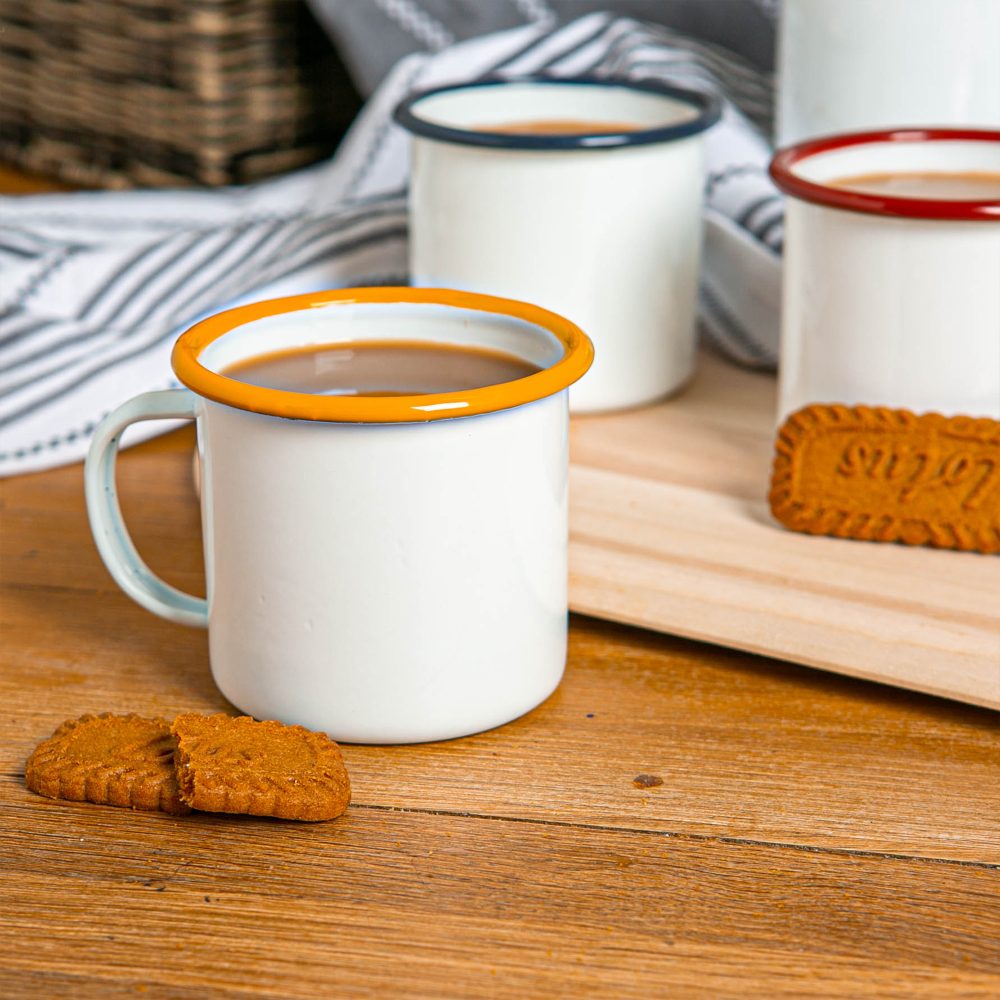 Enamel Mug 375ml, White with Yellow Rim