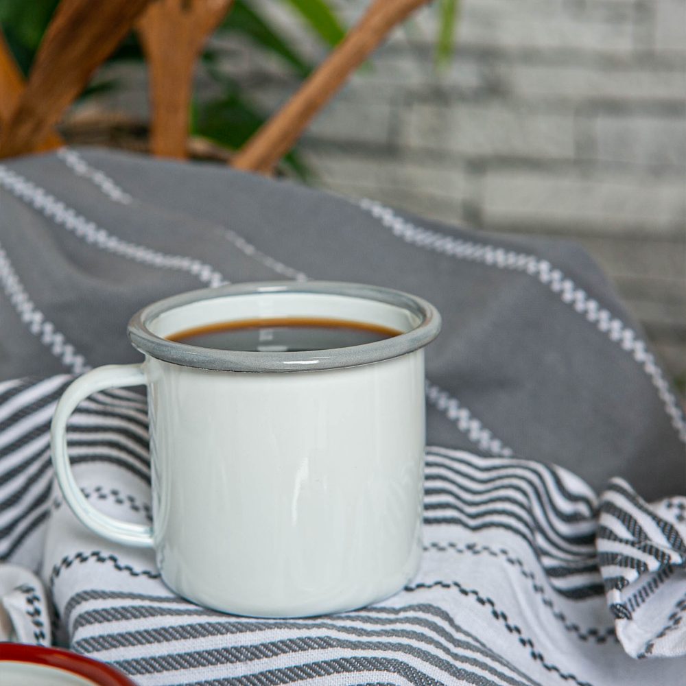 Enamel Mug 375ml, White with Grey Rim