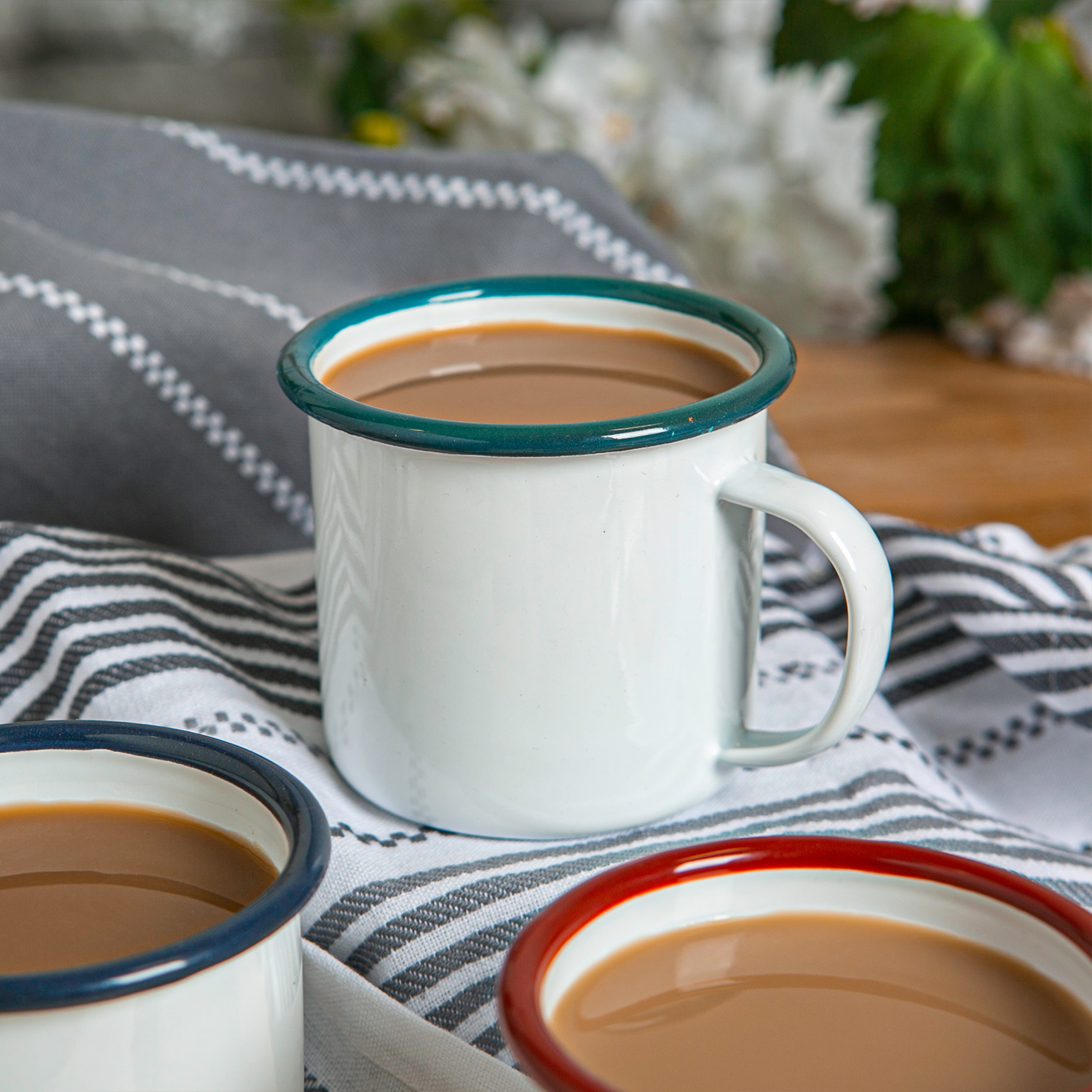 Enamel Mug 375ml, White with Green Rim