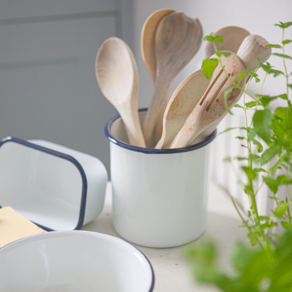 Enamel Utensil Pot 15.5cm, White with Blue Rim