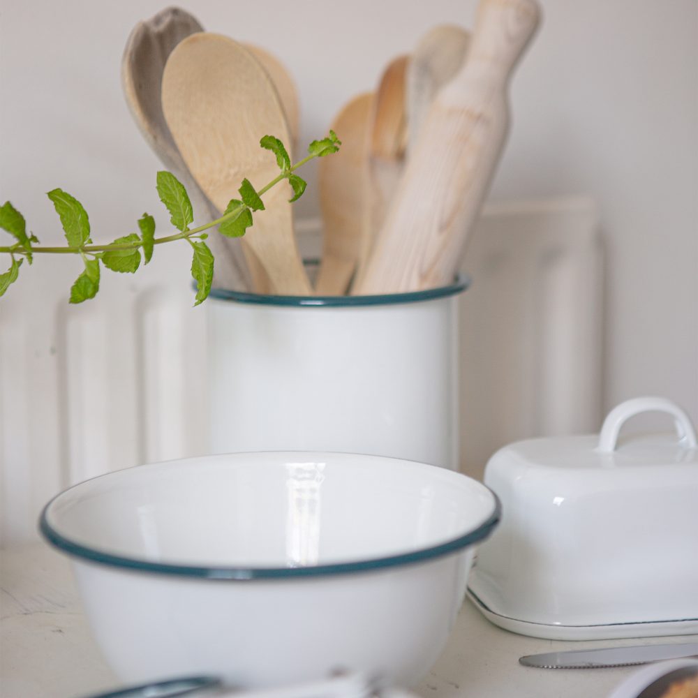 Enamel Utensil Pot 15.5cm, White with Green Rim