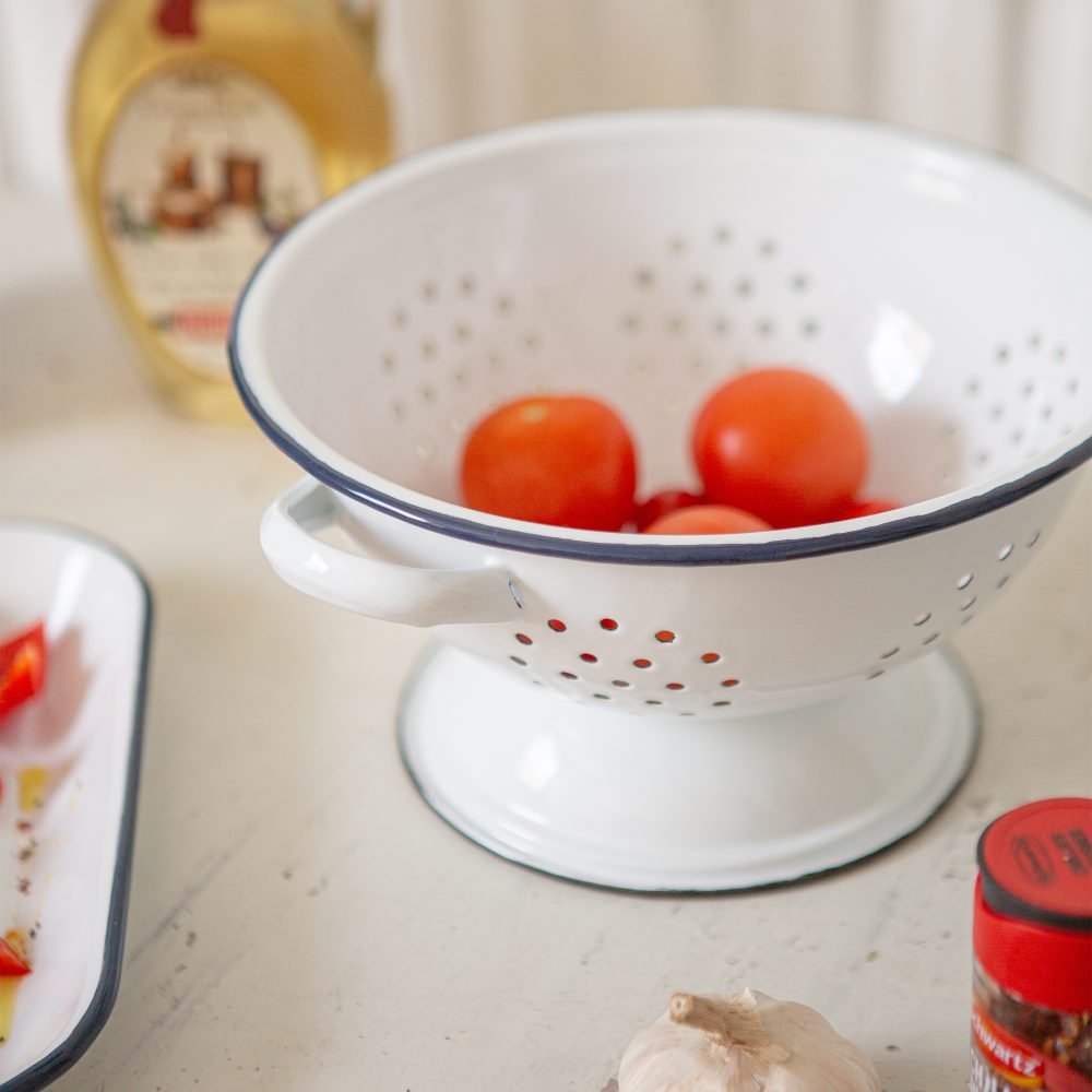 Enamel Colander 23.5cm, White with Blue Rim