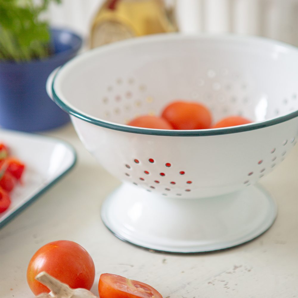 Enamel Colander 23.5cm, White with Green Rim