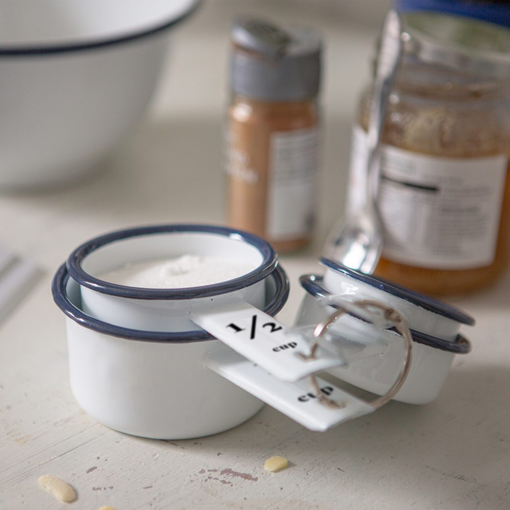 Enamel Measuring Cups Set of 4, White with Blue Rim