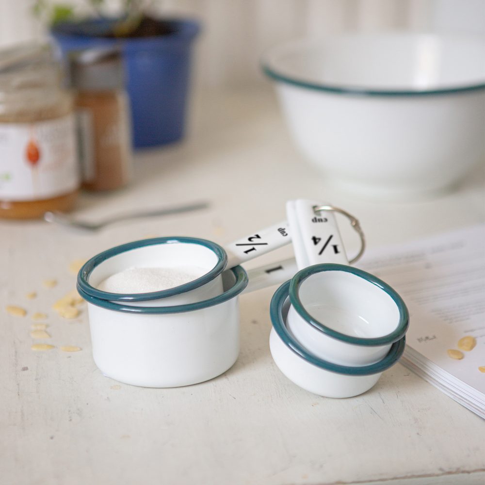 Enamel Measuring Cups Set of 4, White with Green Rim