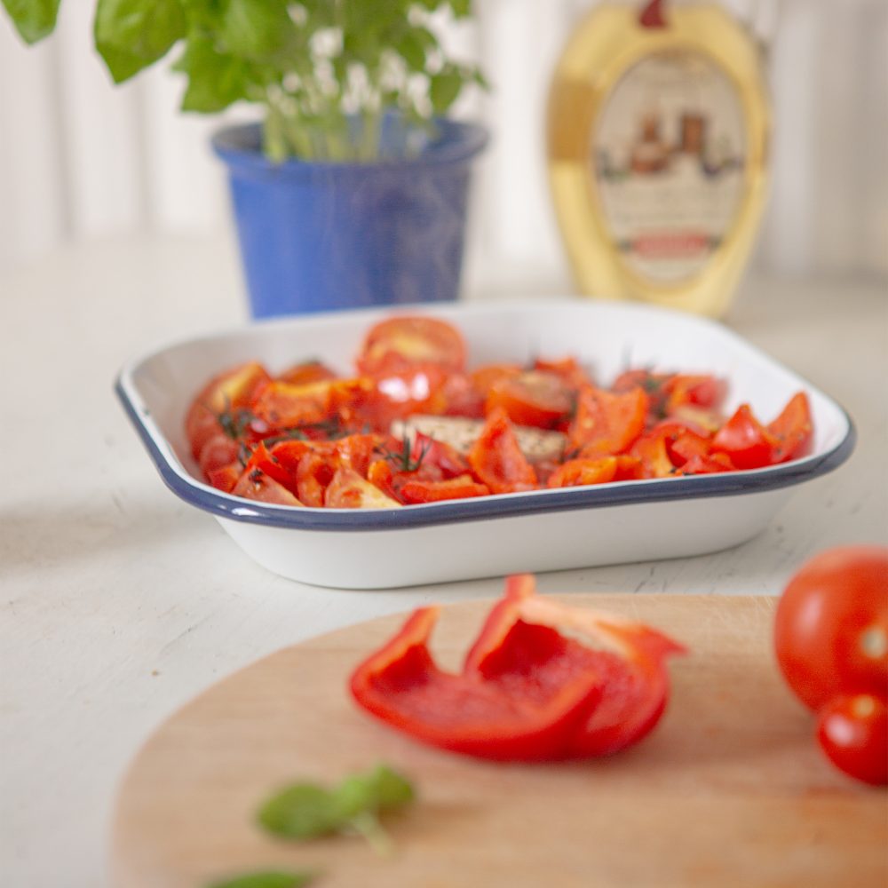 Enamel Square Baking Tray 24.5 x 24.5cm, White with Blue Rim