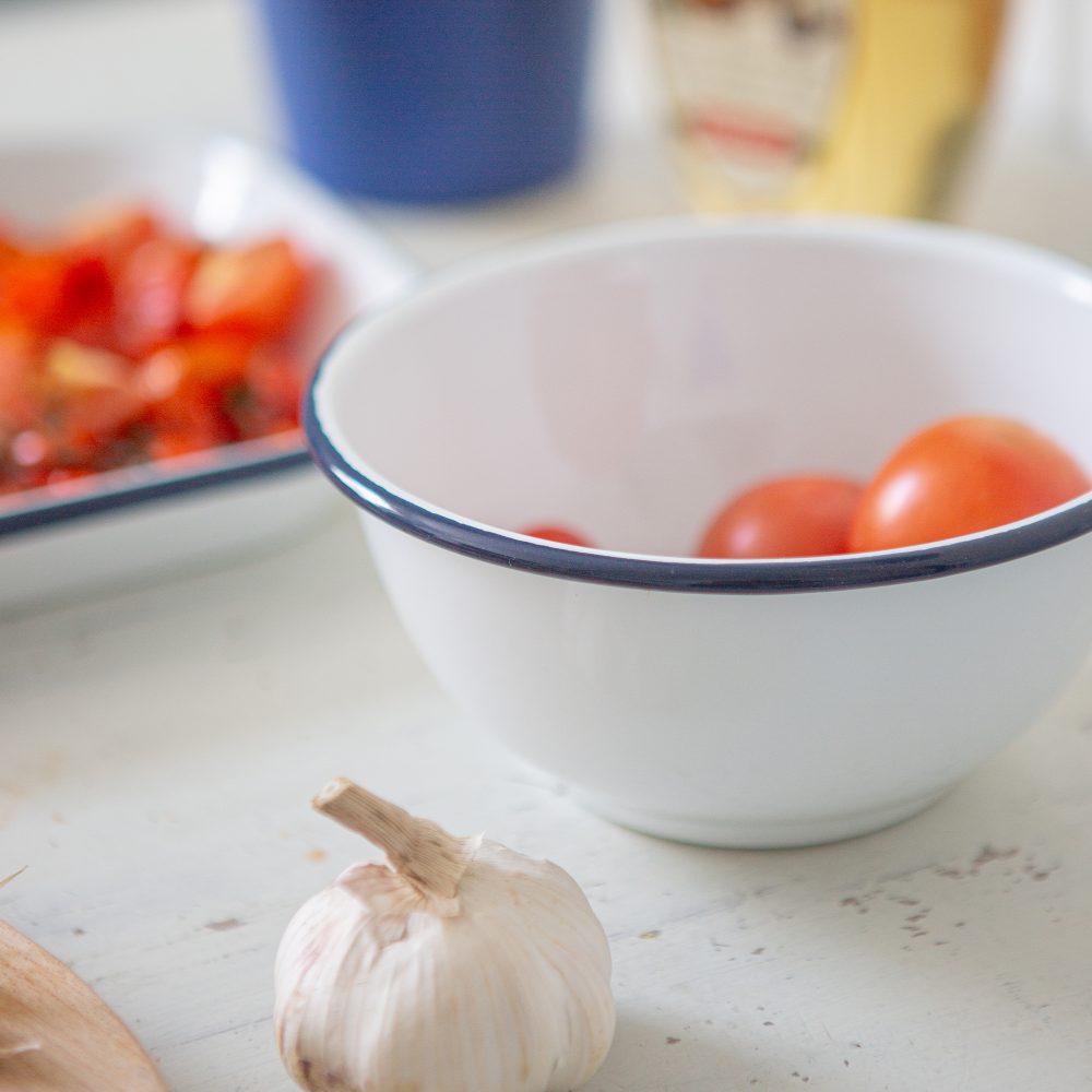 Enamel Mixing Bowl Set of 2, White with Blue Rim