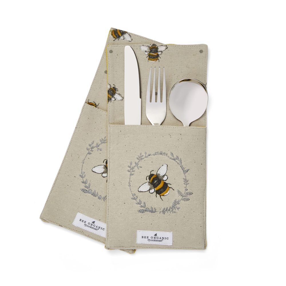 Cooksmart Bumble Bees Set of 2 Cutlery Holders, Organic Cotton