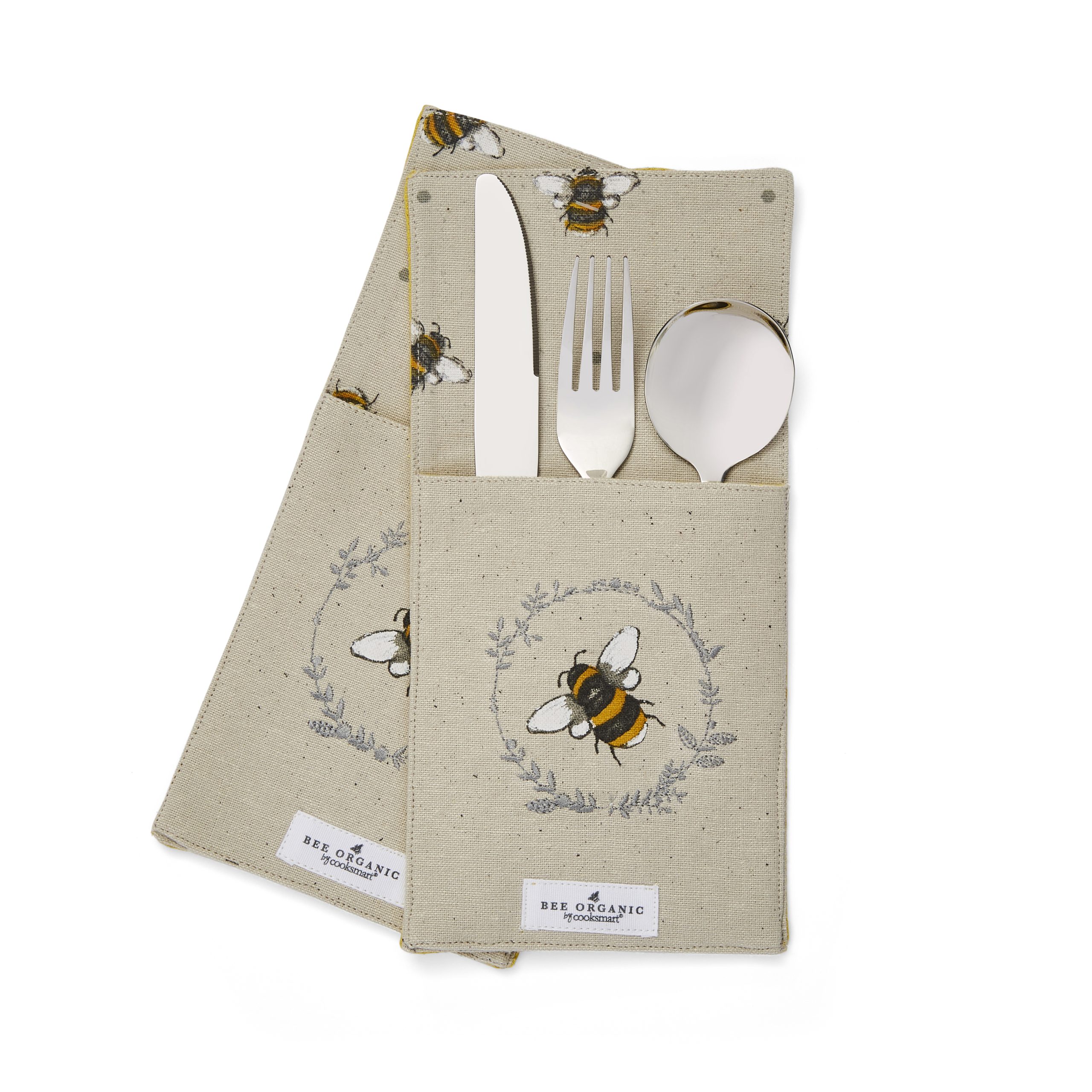 Cooksmart Bumble Bees 2pk Cutlery Holder - Organic Cotton (GOTS) 2080 1 Cooksmart Bumble Bees Set of 2 Cutlery Holders, Organic Cotton