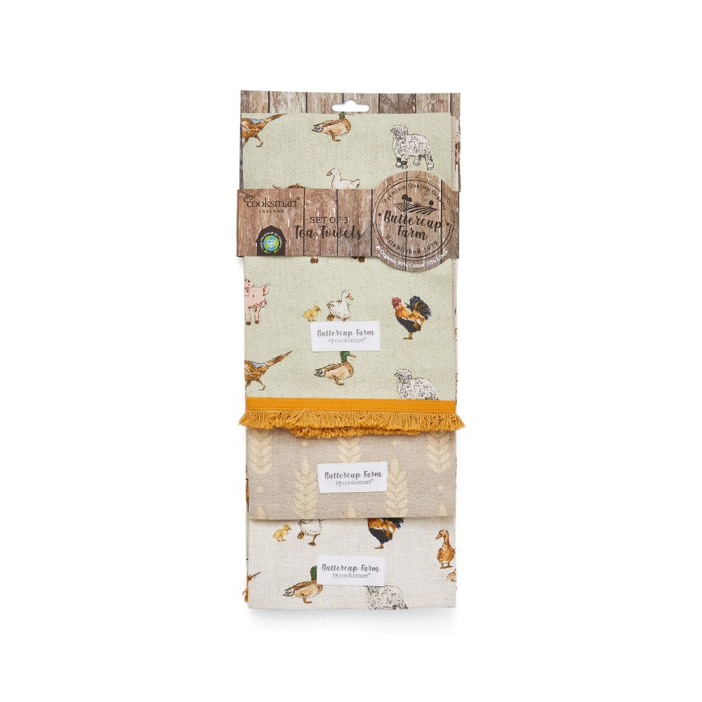 Cooksmart Buttercup Farm 3 Pack Tea Towel, Organic Cotton