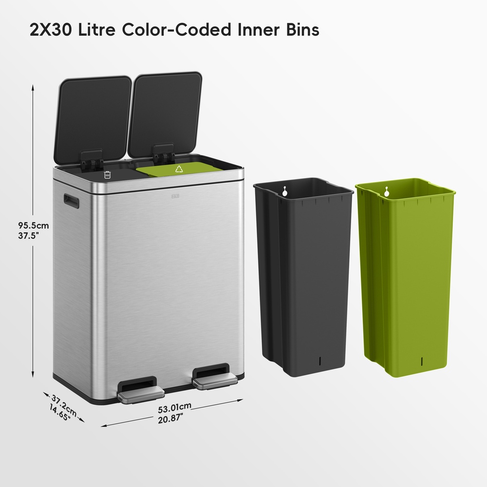 EKO Edison Pedal Bin 30L+30L, Stainless Steel