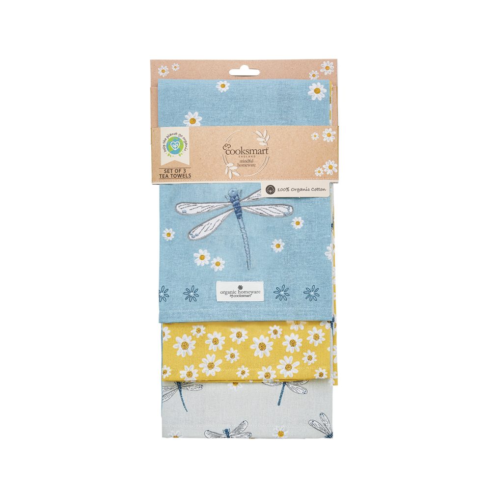 Cooksmart English Meadow 3 Pack Tea Towel, Organic Cotton