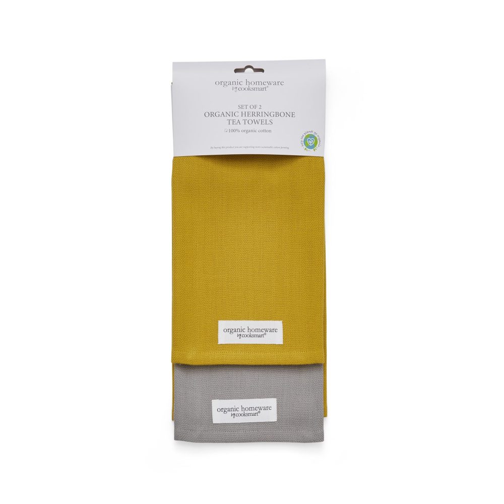 Cooksmart Organic Herringbone 2 Pack Tea Towels, Mustard
