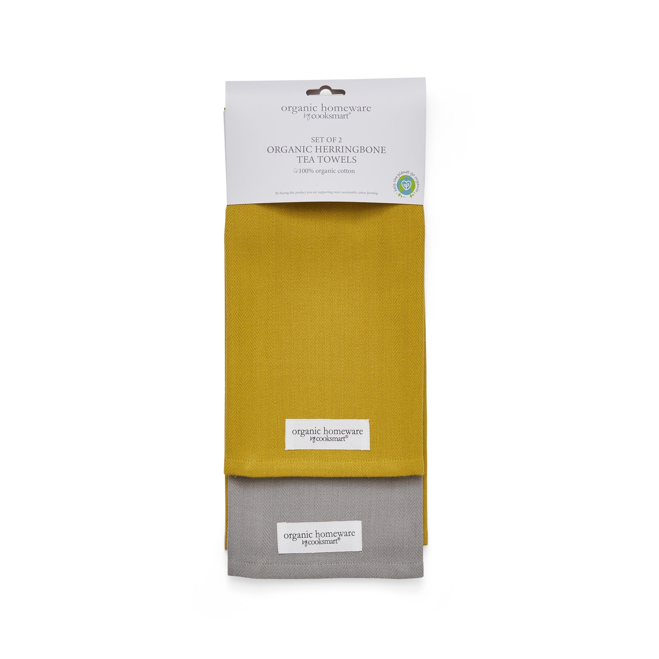 Cooksmart 2 Pack Organic Herringbone Tea Towels - Mustard 2116 1 Cooksmart Organic Herringbone 2 Pack Tea Towels, Mustard