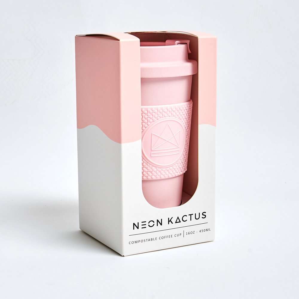 Neon Kactus Compostable Coffee Cup 16oz, Pink Flamingo