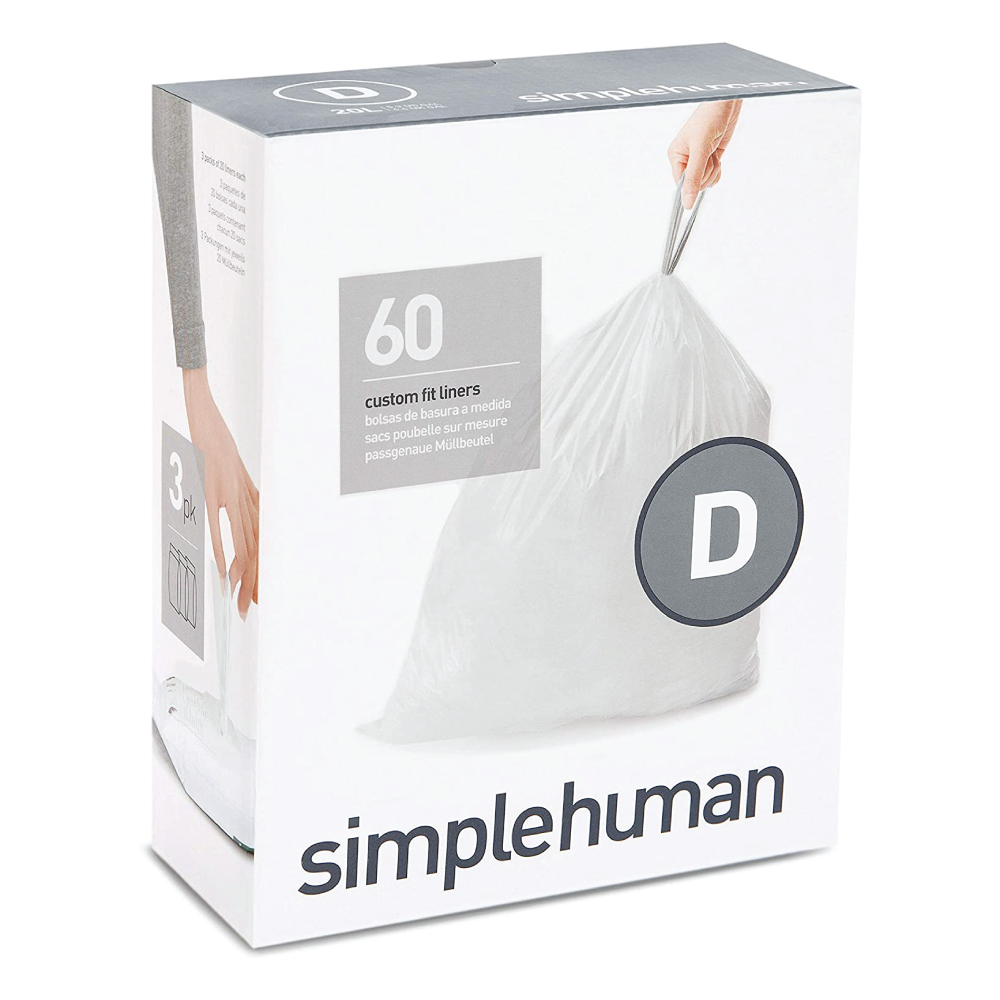 simplehuman Custom Fit Liners Code D, 60 Pack (3 x 20), White