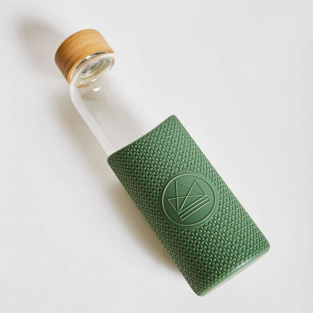 Neon Kactus Glass Water Bottle 550ml, Happy Camper Olive Green