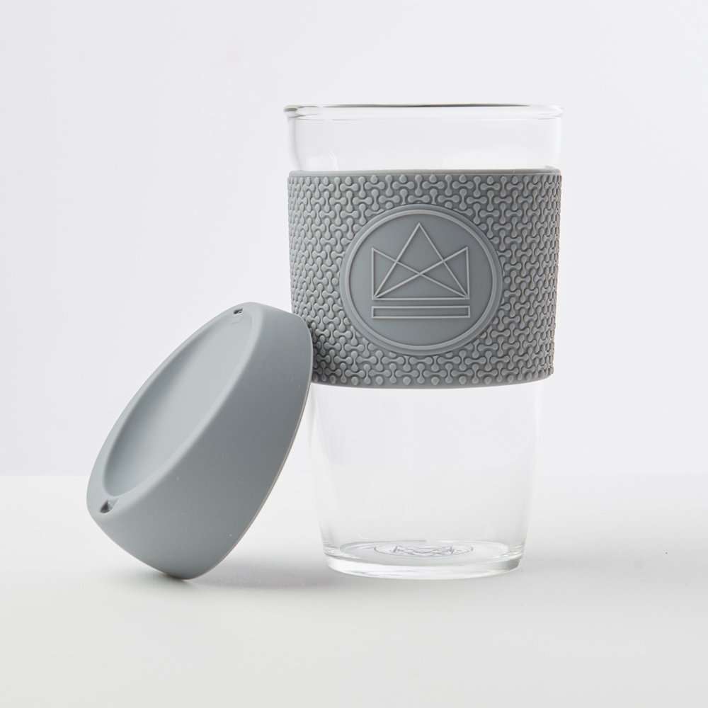 Reusable Glass Coffee Cup 16oz-(Forever Young)-Grey