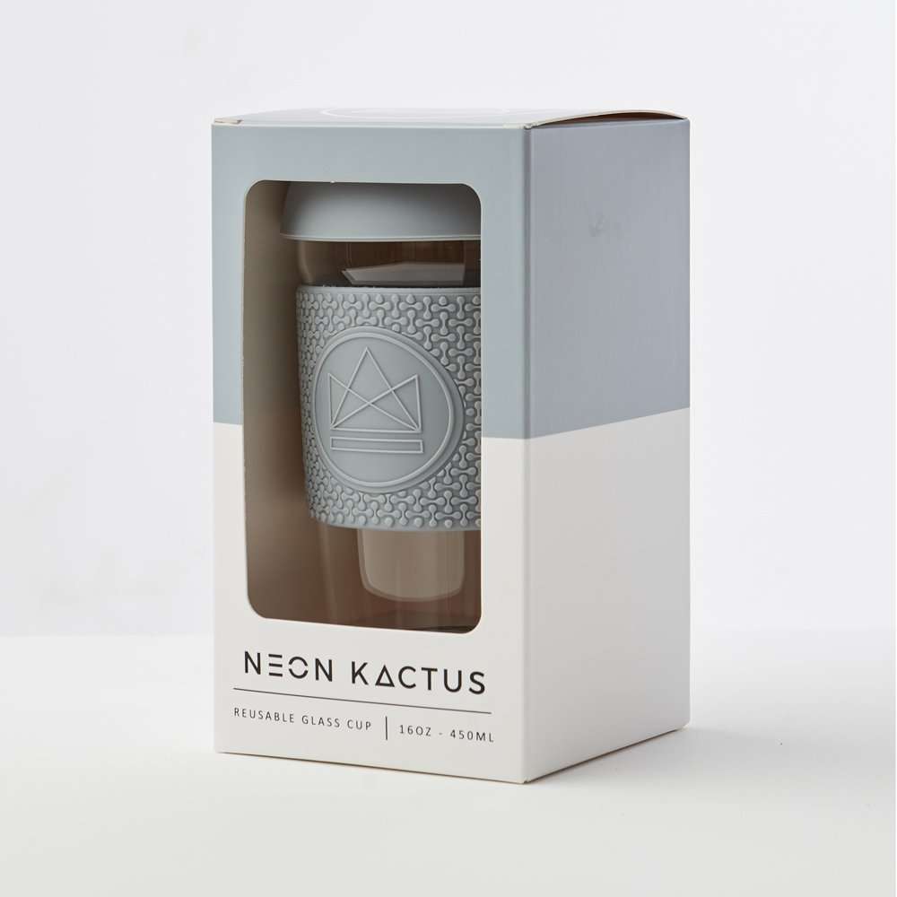 Neon Kactus Glass Coffee Cup 16oz, Forever Young Grey