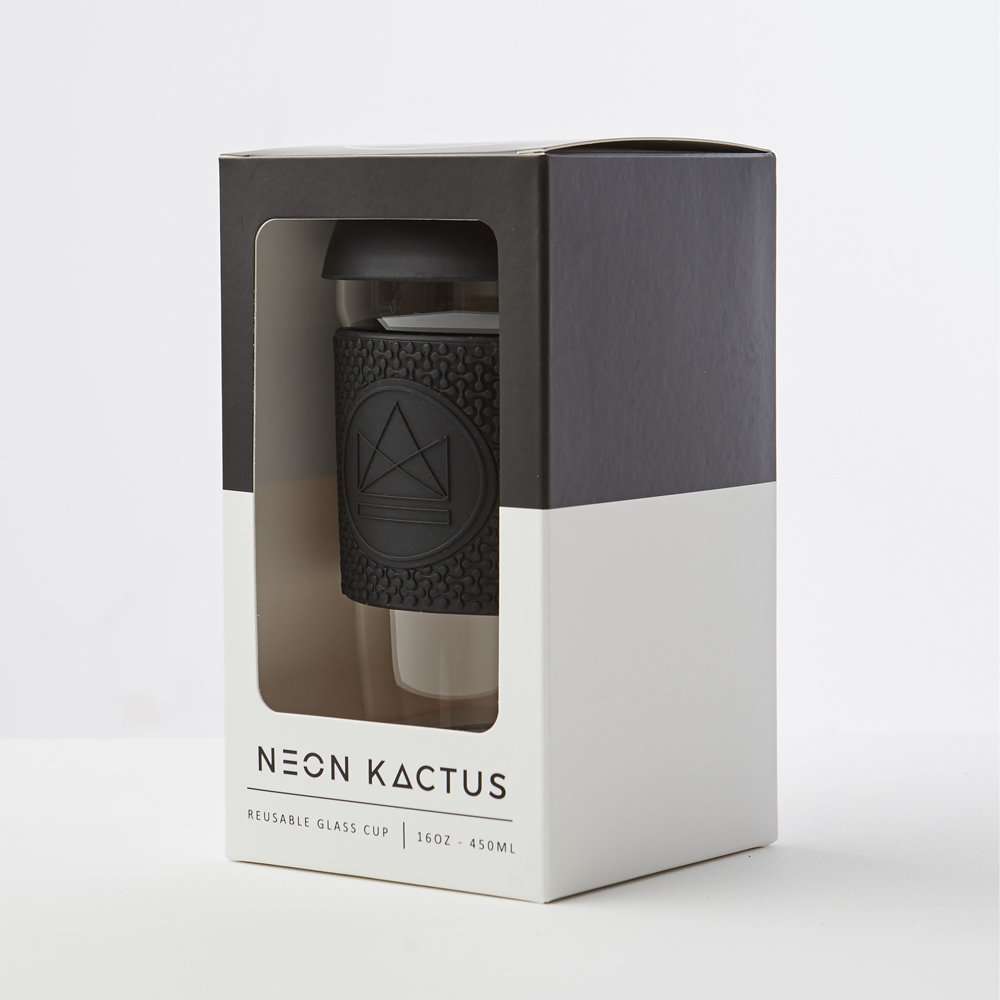Neon Kactus Glass Coffee Cup 16oz, Rock Star Black