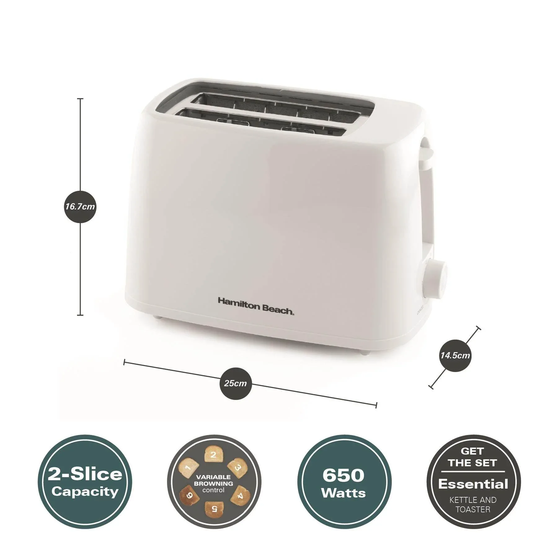 HB1116C-3 Hamilton Beach Essential 2-Slice Toaster 650W with Wide Slots, Removable Crumb Tray & Cord Storage, Cream