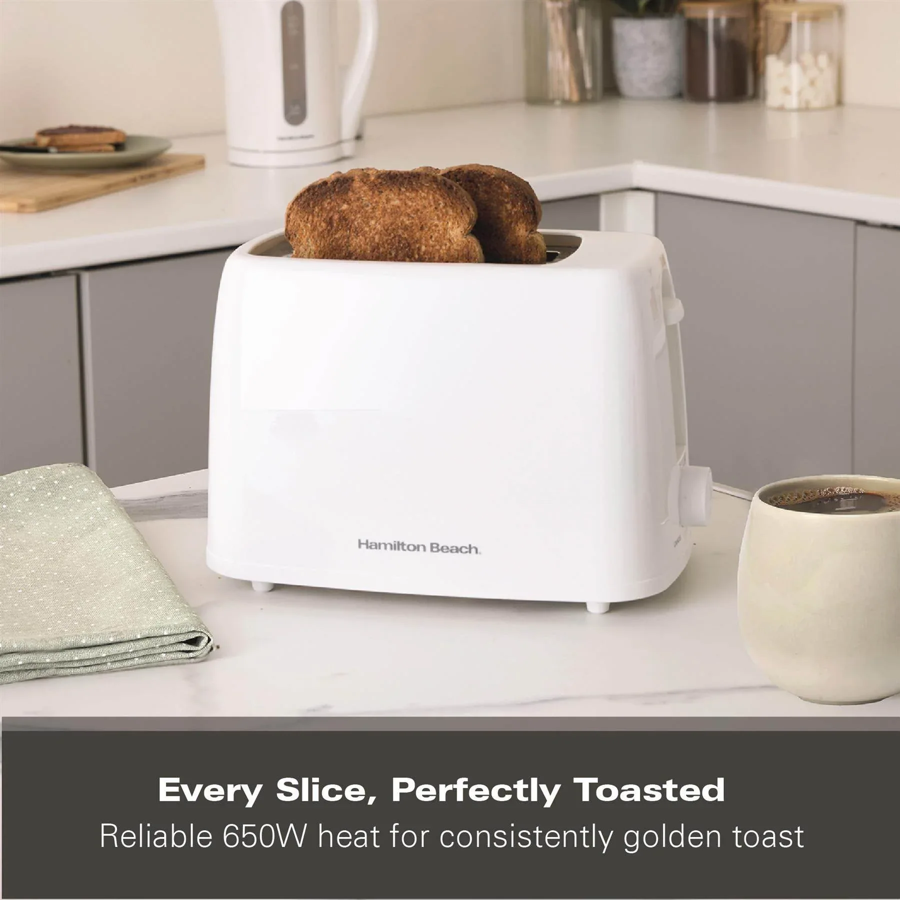 HB1116C-4 Hamilton Beach Essential 2-Slice Toaster 650W with Wide Slots, Removable Crumb Tray & Cord Storage, Cream