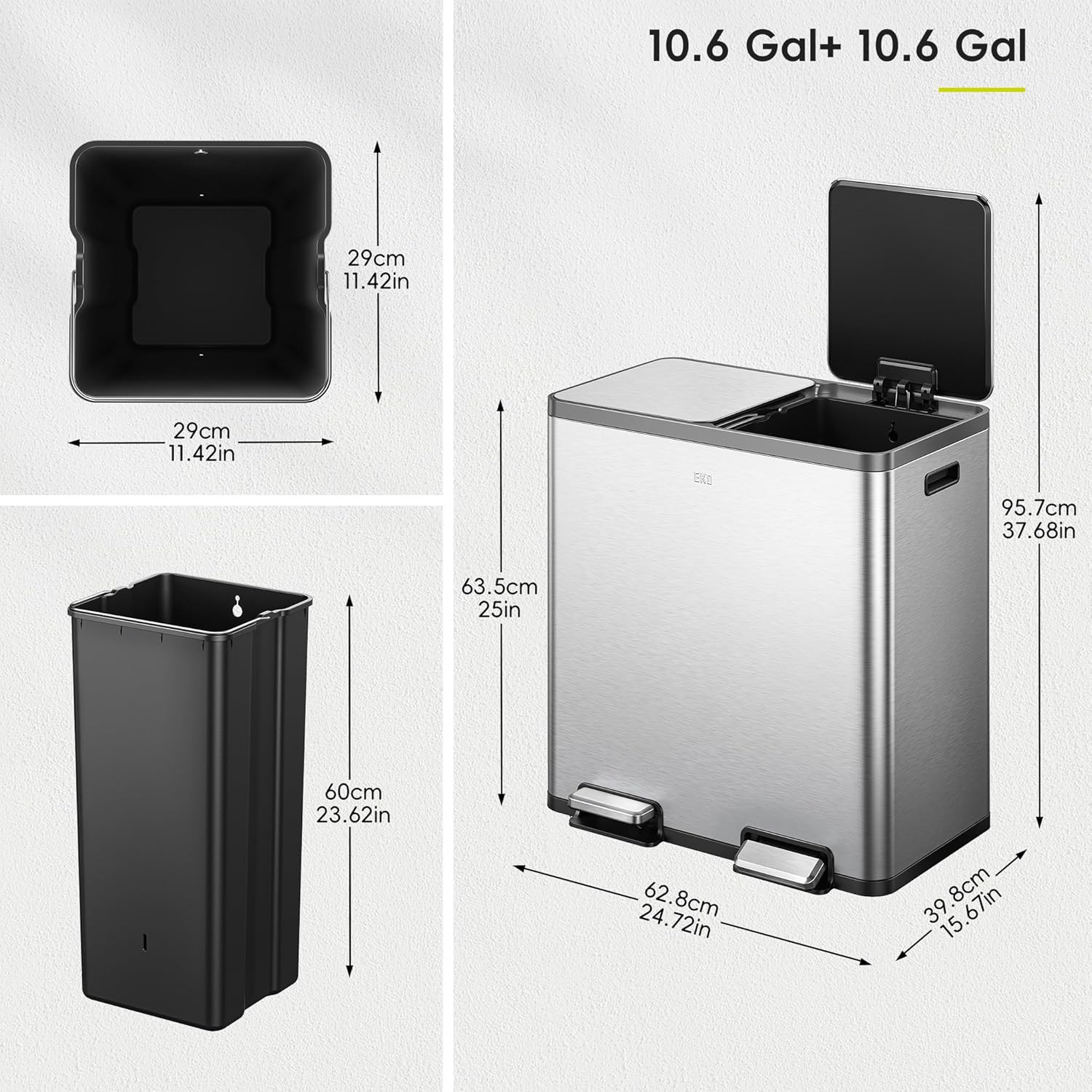 Ecocasa Plus Recycling Bin 40+40L Stainless Steel 2 EKO Ecocasa Plus Recycling Bin 40L+40L, Stainless Steel