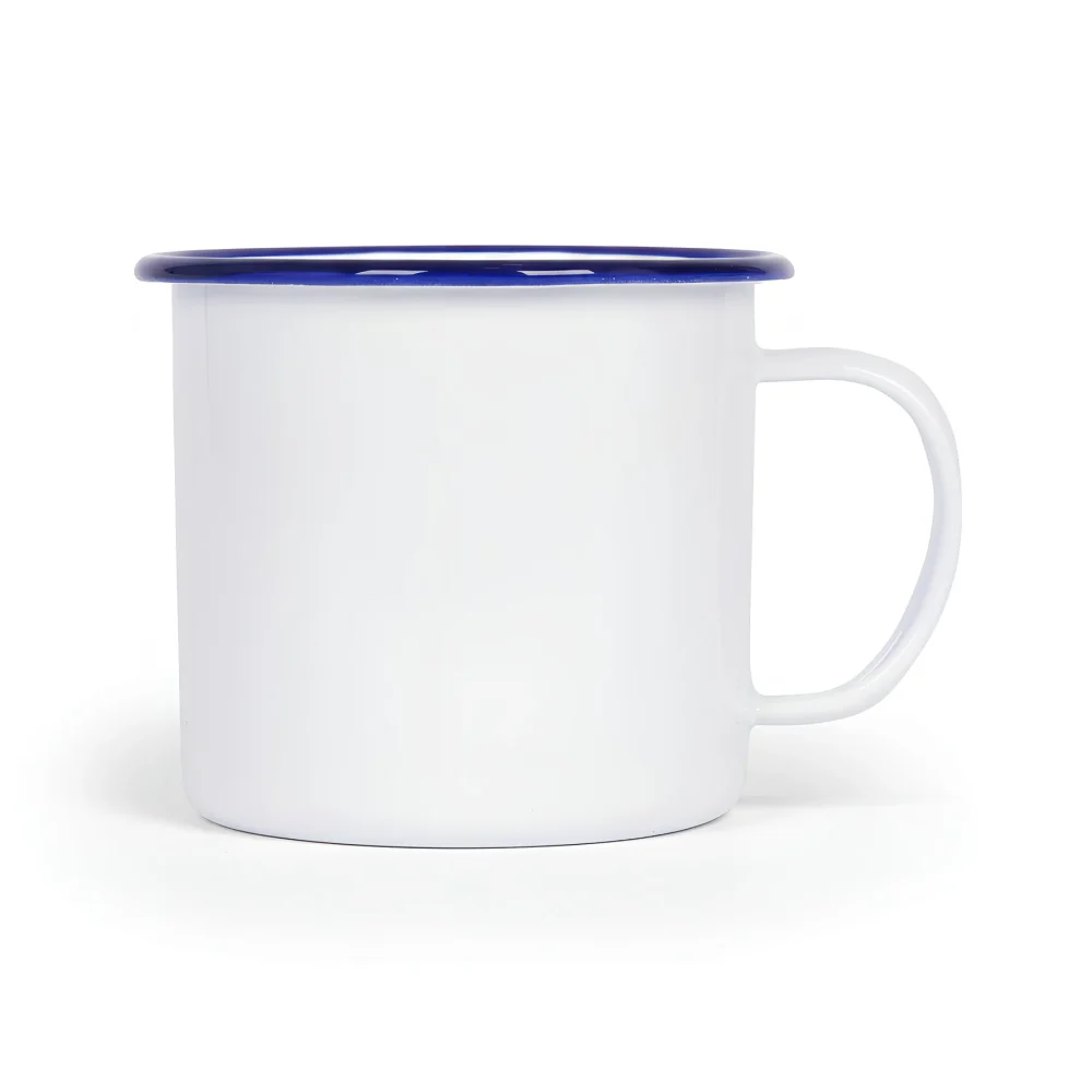 Enamel Pint Mug 568ml, White with Blue Rim