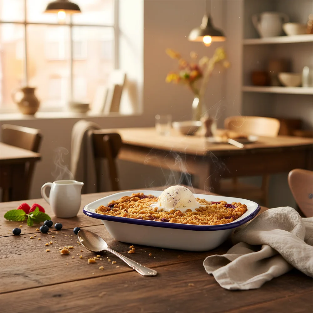 Enamel Pie Dish 18 x 13.5cm, White with Blue Rim