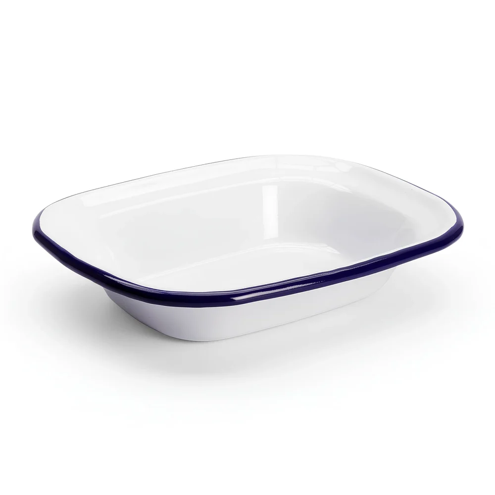 Enamel Pie Dish 18 x 13.5cm, White with Blue Rim
