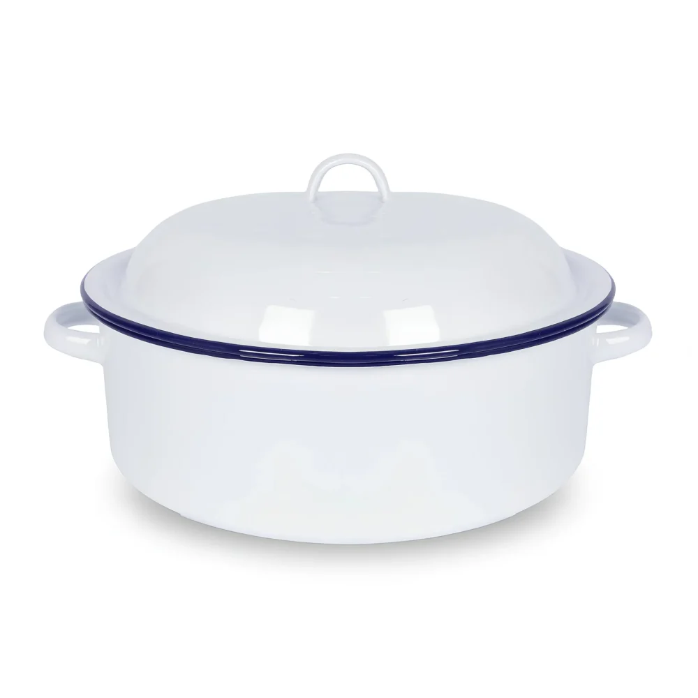 Enamel Round Roaster with Lid 29cm, White with Blue Rim
