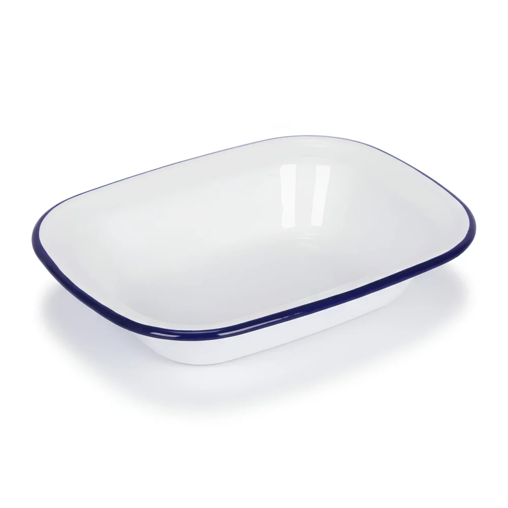 Enamel Pie Dish 22 x 16.5cm, White with Blue Rim