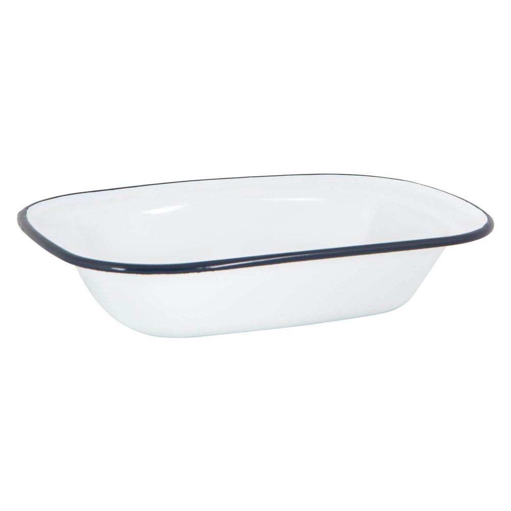 Enamel Pie Dish 16 x 12cm, White with Navy Rim