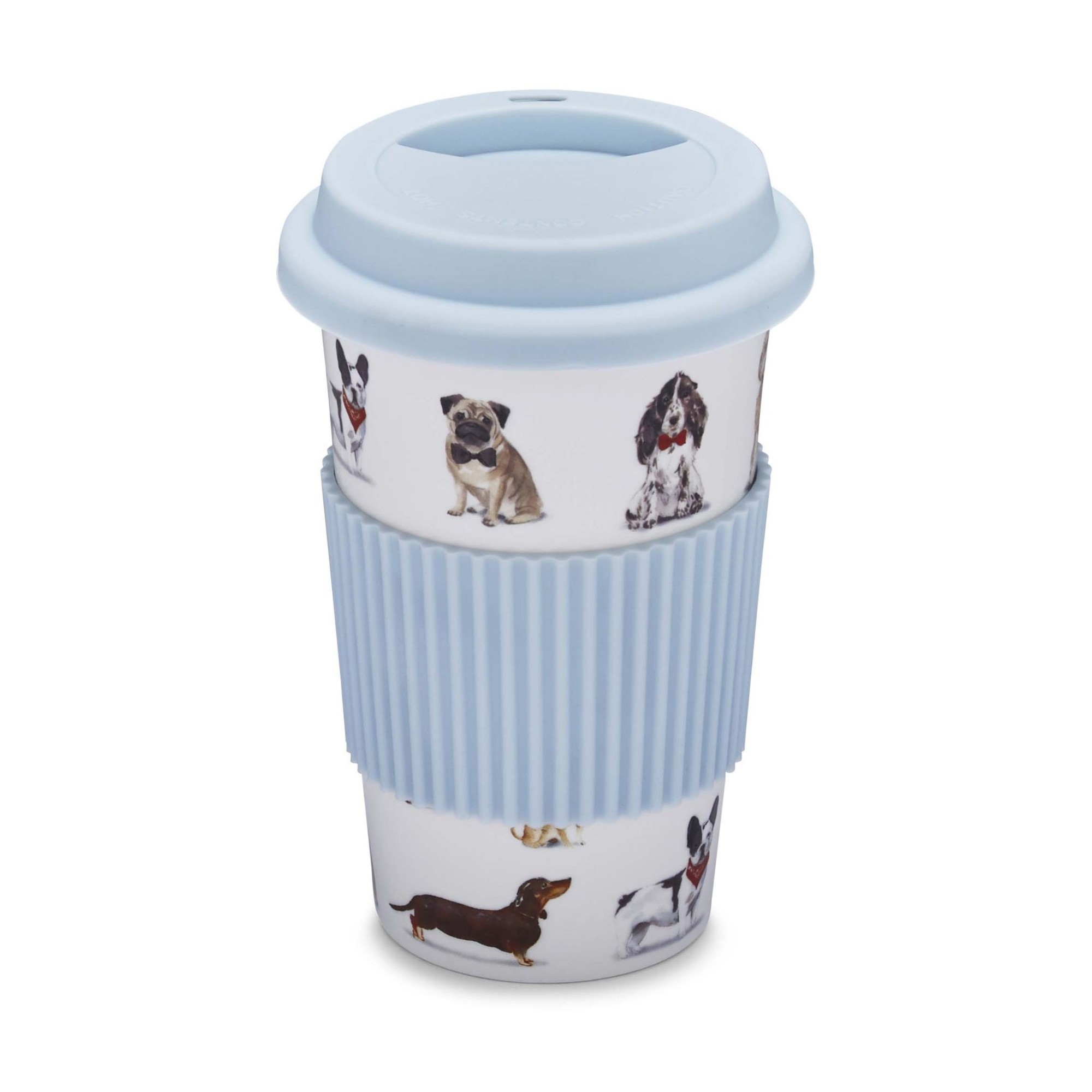 Cooksmart Curious Dogs Ceramic Travel Mug with Silicone Band Cooksmart Curious Dogs Ceramic Travel Mug with Silicone Band