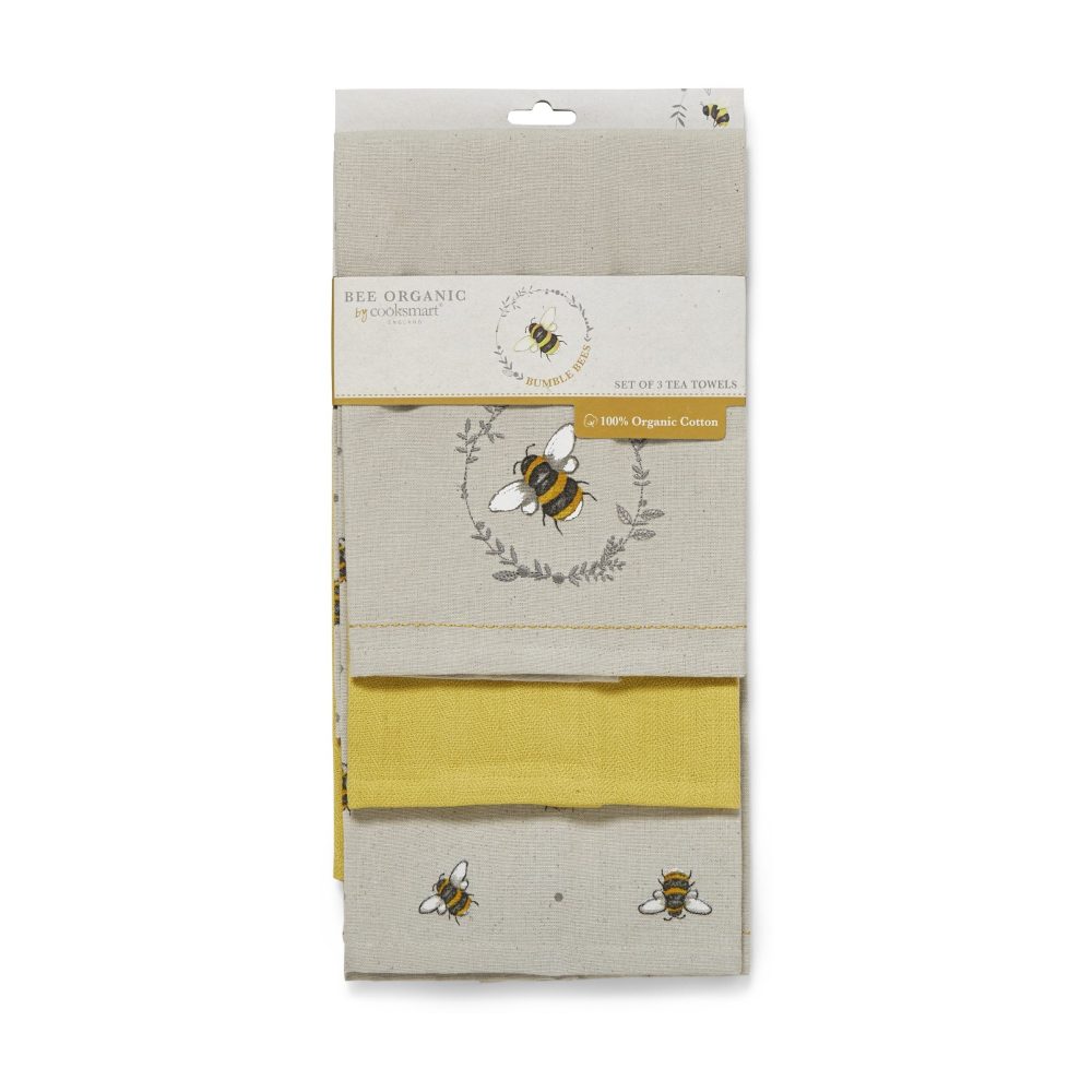 Cooksmart Bumble Bees 3 Pack Tea Towel, Organic Cotton