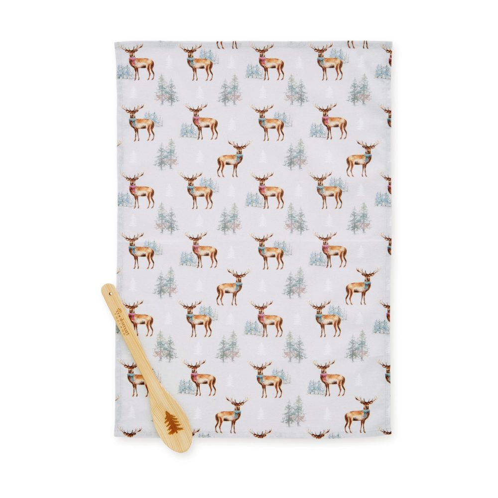 Cooksmart Christmas Stag Tea Towel & Wooden Spoon Set